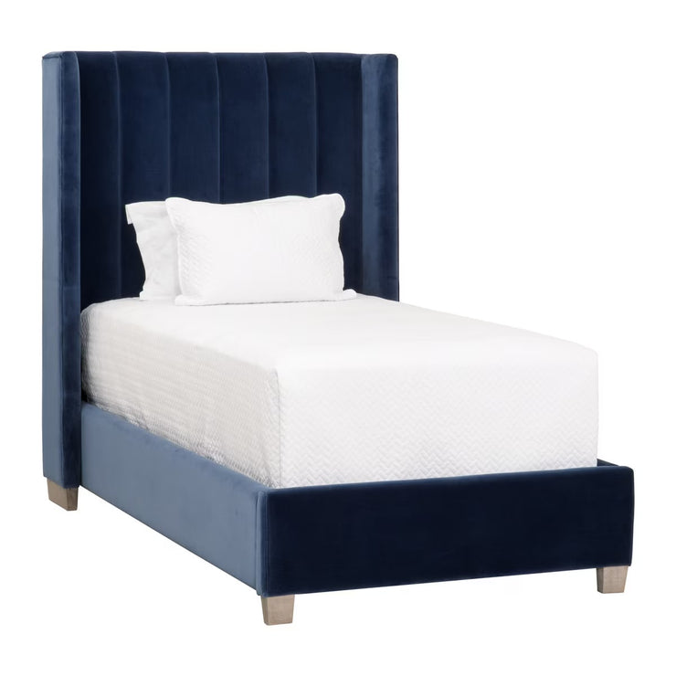Essentials For Living Chandler Twin Bed ~ Denim Velvet Fabric With Natural Gray Oak