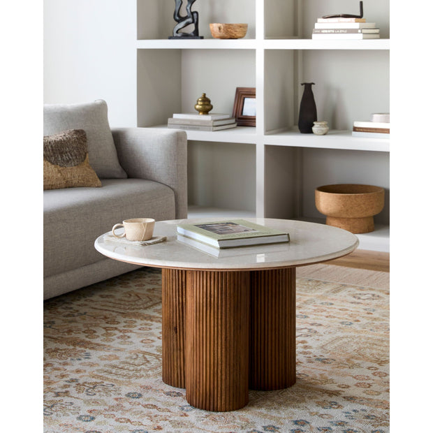 Surya Basilia Modern Ivory Marble and Mango Wood Round Coffee Table