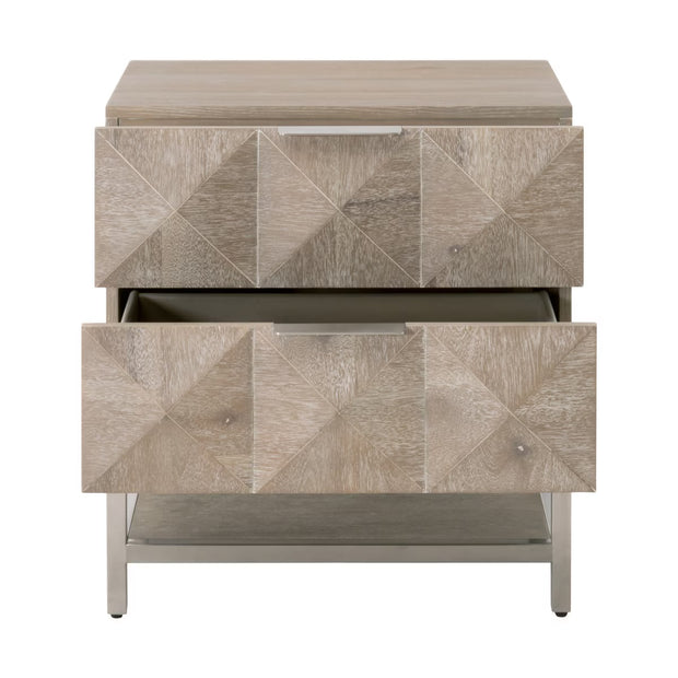 Essentials For Living Atlas 2-Drawer Nightstand ~ Natural Gray Acacia, Brushed Stainless Steel Hardware