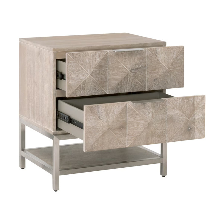 Essentials For Living Atlas 2-Drawer Nightstand ~ Natural Gray Acacia, Brushed Stainless Steel Hardware
