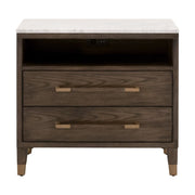 Essentials For Living Cambria 2-Drawer Nightstand ~ Dutch Brown Oak and Bianco Marble, Aged BrassHardware