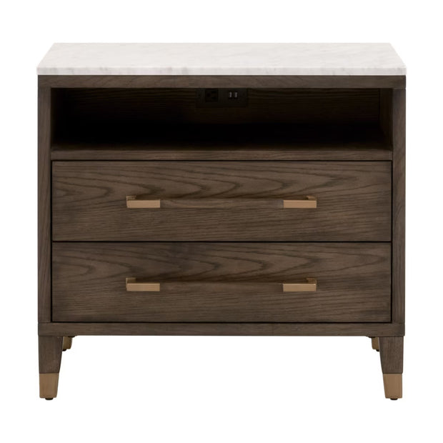Essentials For Living Cambria 2-Drawer Nightstand ~ Dutch Brown Oak and Bianco Marble, Aged BrassHardware