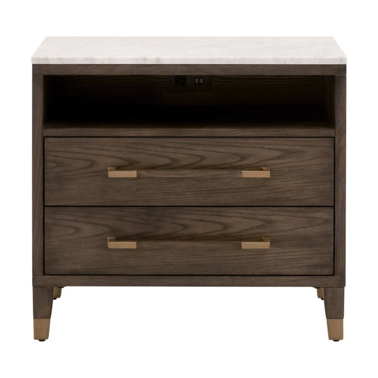 Essentials For Living Cambria 2-Drawer Nightstand ~ Dutch Brown Oak and Bianco Marble, Aged BrassHardware