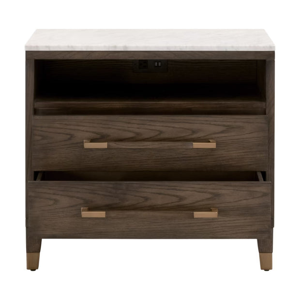 Essentials For Living Cambria 2-Drawer Nightstand ~ Dutch Brown Oak and Bianco Marble, Aged BrassHardware