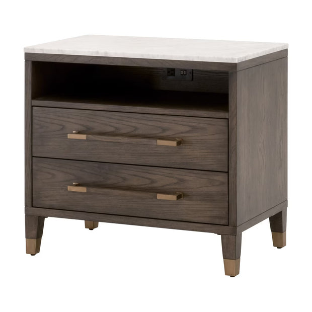Essentials For Living Cambria 2-Drawer Nightstand ~ Dutch Brown Oak and Bianco Marble, Aged BrassHardware