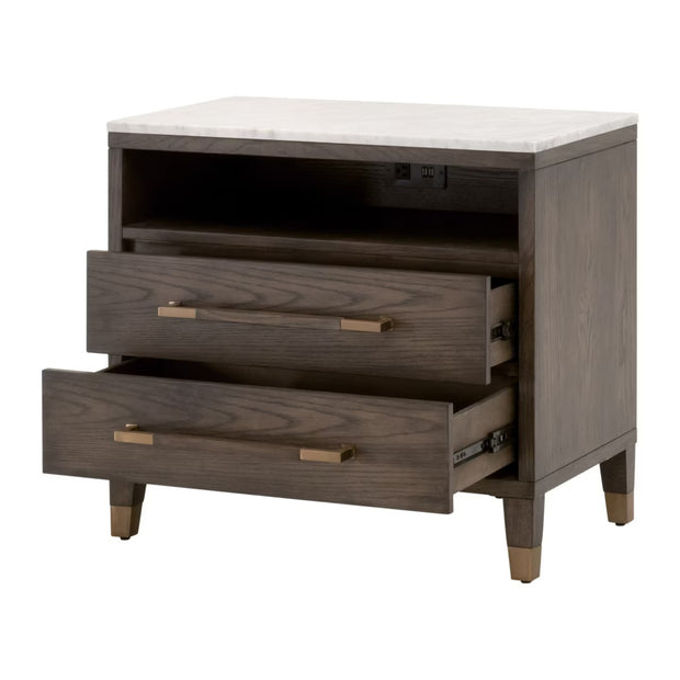 Essentials For Living Cambria 2-Drawer Nightstand ~ Dutch Brown Oak and Bianco Marble, Aged BrassHardware