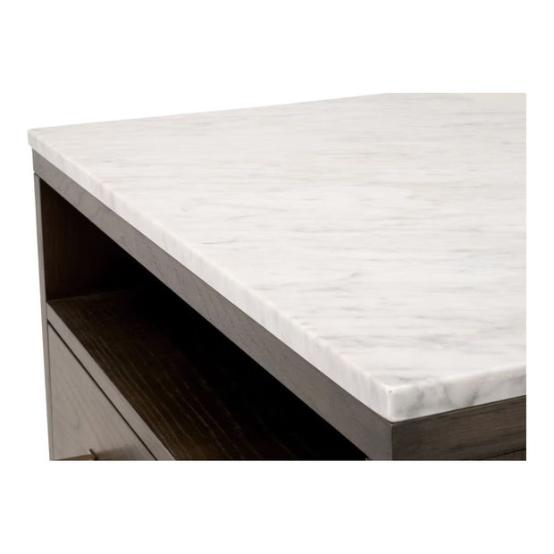 Essentials For Living Cambria 2-Drawer Nightstand ~ Dutch Brown Oak and Bianco Marble, Aged BrassHardware