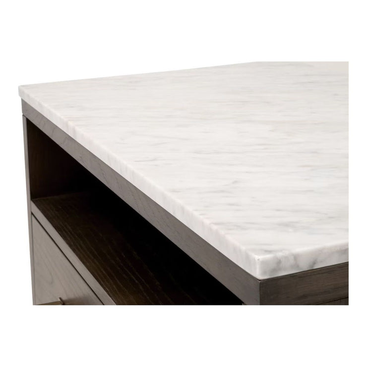 Essentials For Living Cambria 2-Drawer Nightstand ~ Dutch Brown Oak and Bianco Marble, Aged BrassHardware