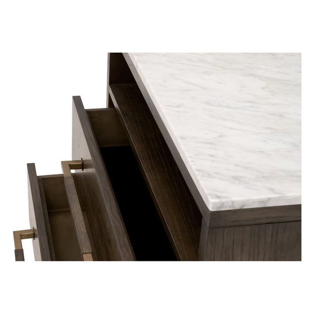 Essentials For Living Cambria 2-Drawer Nightstand ~ Dutch Brown Oak and Bianco Marble, Aged BrassHardware
