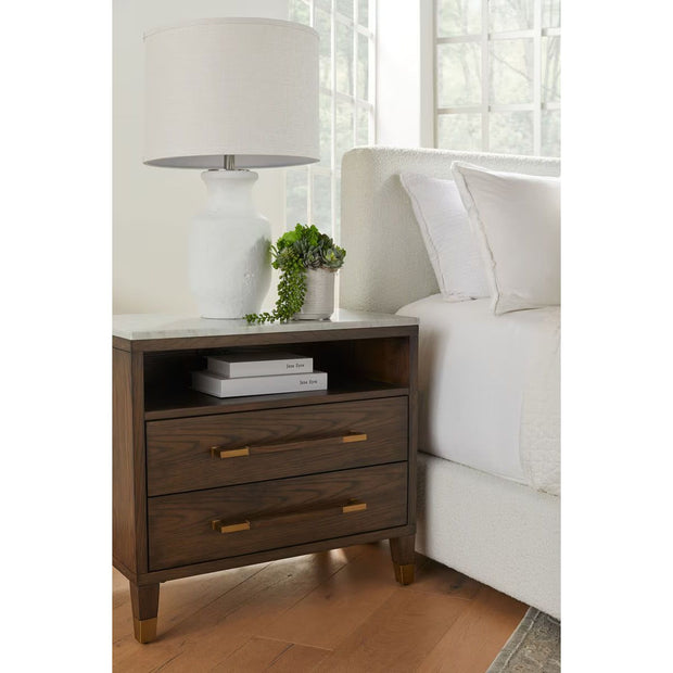 Essentials For Living Cambria 2-Drawer Nightstand ~ Dutch Brown Oak and Bianco Marble, Aged BrassHardware