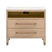 Essentials For Living Cambria 2-Drawer Nightstand ~ Natural Oak and Bianco Marble, Aged Brass Hardware