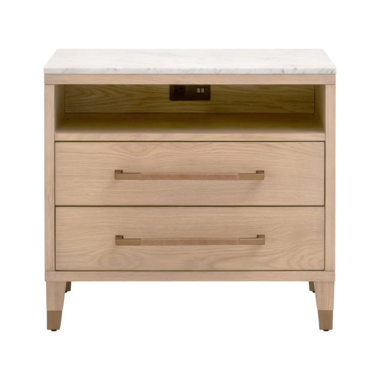 Essentials For Living Cambria 2-Drawer Nightstand ~ Natural Oak and Bianco Marble, Aged Brass Hardware