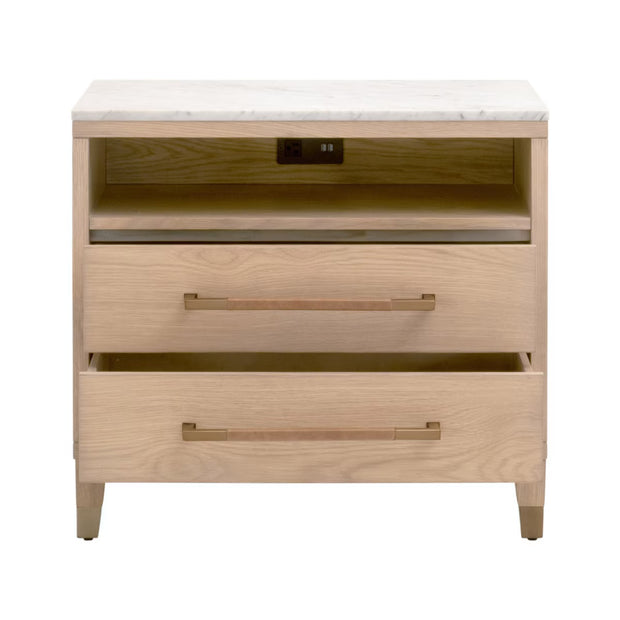 Essentials For Living Cambria 2-Drawer Nightstand ~ Natural Oak and Bianco Marble, Aged Brass Hardware