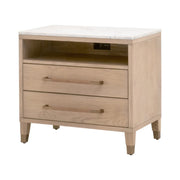 Essentials For Living Cambria 2-Drawer Nightstand ~ Natural Oak and Bianco Marble, Aged Brass Hardware