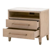 Essentials For Living Cambria 2-Drawer Nightstand ~ Natural Oak and Bianco Marble, Aged Brass Hardware
