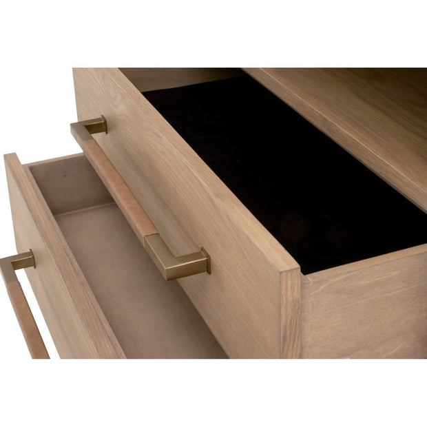 Essentials For Living Cambria 2-Drawer Nightstand ~ Natural Oak and Bianco Marble, Aged Brass Hardware