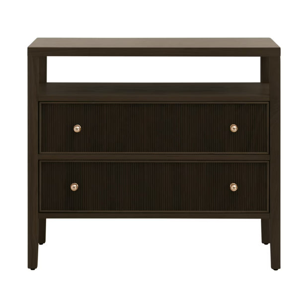 Essentials For Living Highland Open Shelf 2-Drawer Nightstand ~ Dutch Brown Oak, Brushed Brass Hardware
