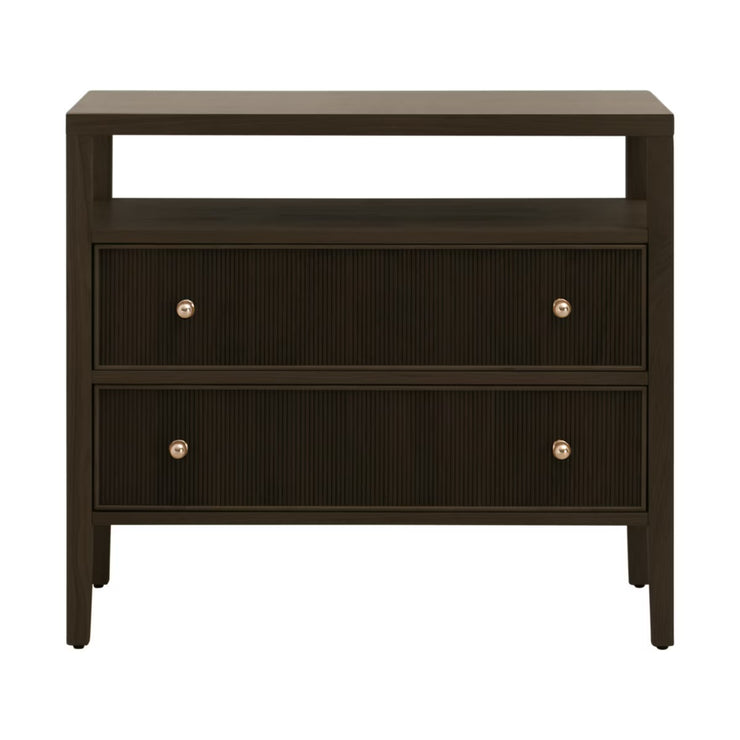 Essentials For Living Highland Open Shelf 2-Drawer Nightstand ~ Dutch Brown Oak, Brushed Brass Hardware