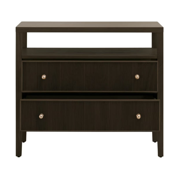 Essentials For Living Highland Open Shelf 2-Drawer Nightstand ~ Dutch Brown Oak, Brushed Brass Hardware