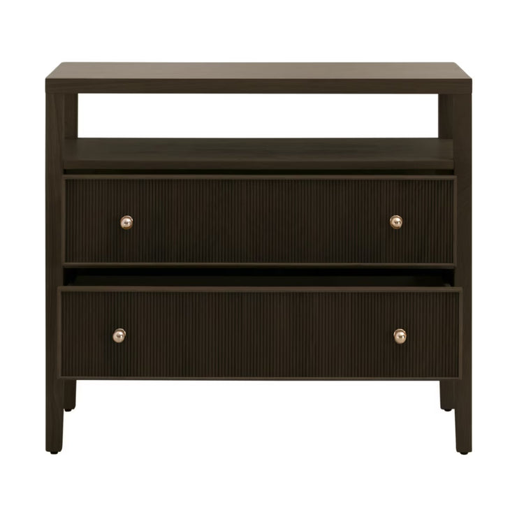 Essentials For Living Highland Open Shelf 2-Drawer Nightstand ~ Dutch Brown Oak, Brushed Brass Hardware