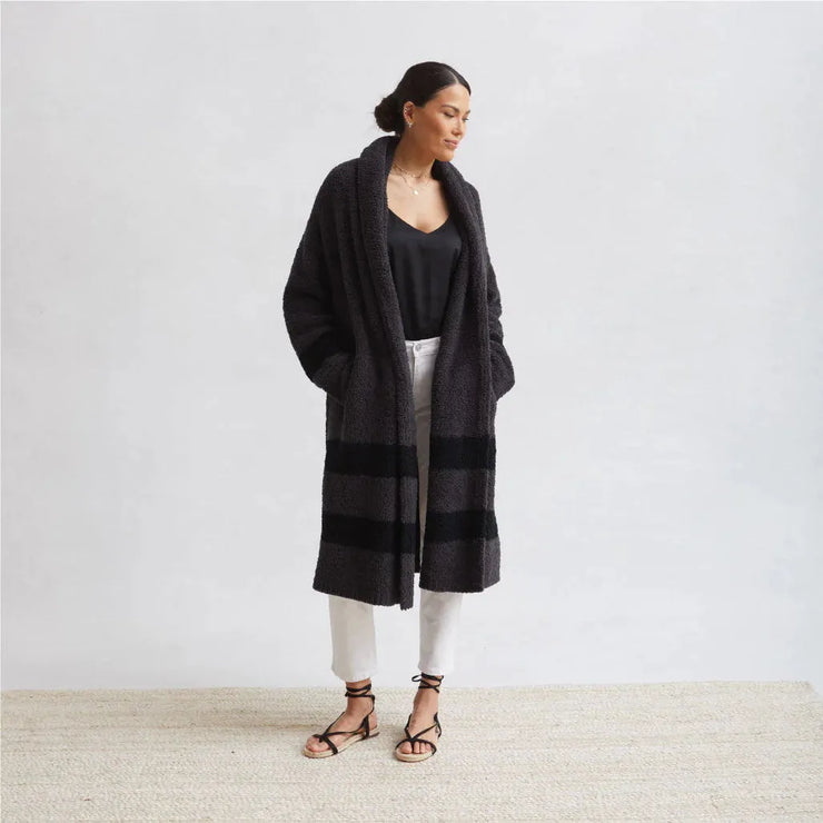 Kashwere Ultra Soft Women’s Dark Grey and Black 2 Stripe Shawl Collar Coat