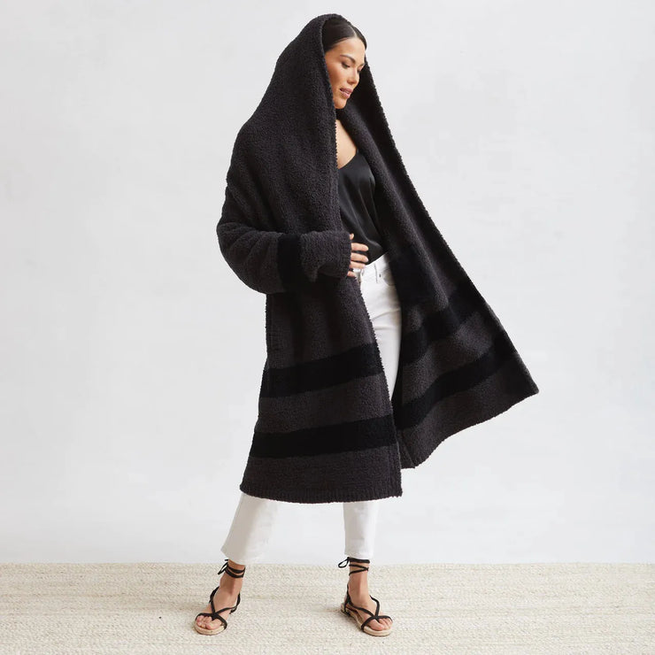 Kashwere Ultra Soft Women’s Dark Grey and Black 2 Stripe Shawl Collar Coat
