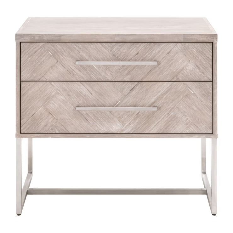 Essentials For Living Mosaic  2-Drawer Nightstand~ Natural Gray Acacia, Brushed Stainless Steel Hardware