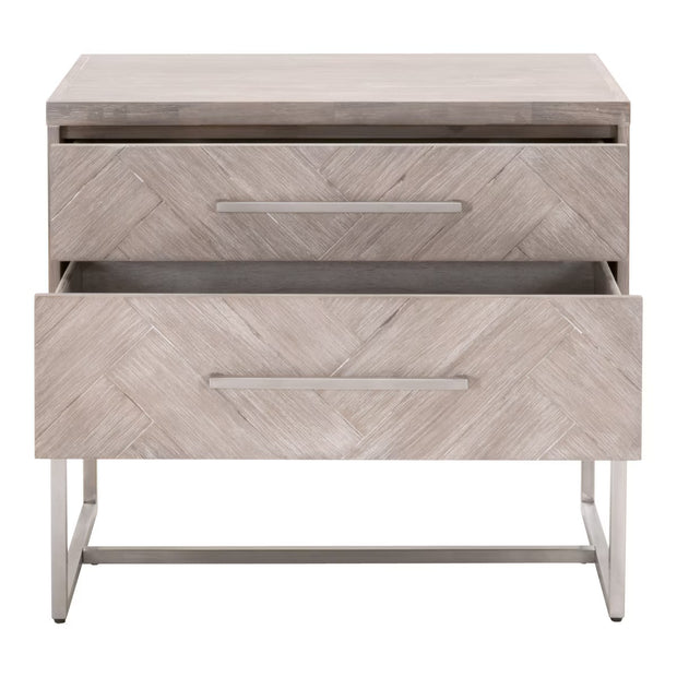 Essentials For Living Mosaic  2-Drawer Nightstand~ Natural Gray Acacia, Brushed Stainless Steel Hardware