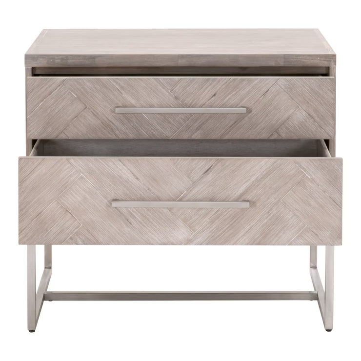 Essentials For Living Mosaic  2-Drawer Nightstand~ Natural Gray Acacia, Brushed Stainless Steel Hardware