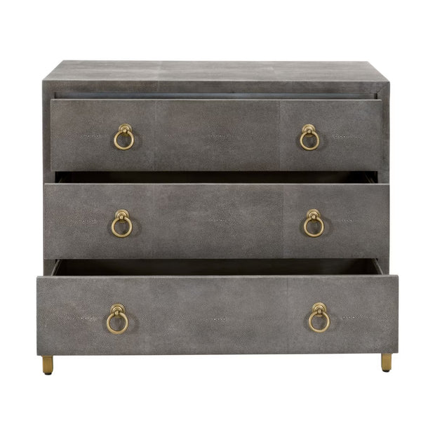 Essentials For Living Strand Shagreen 3-Drawer Nightstand ~ Gray Shagreen, Brushed Gold Hardware