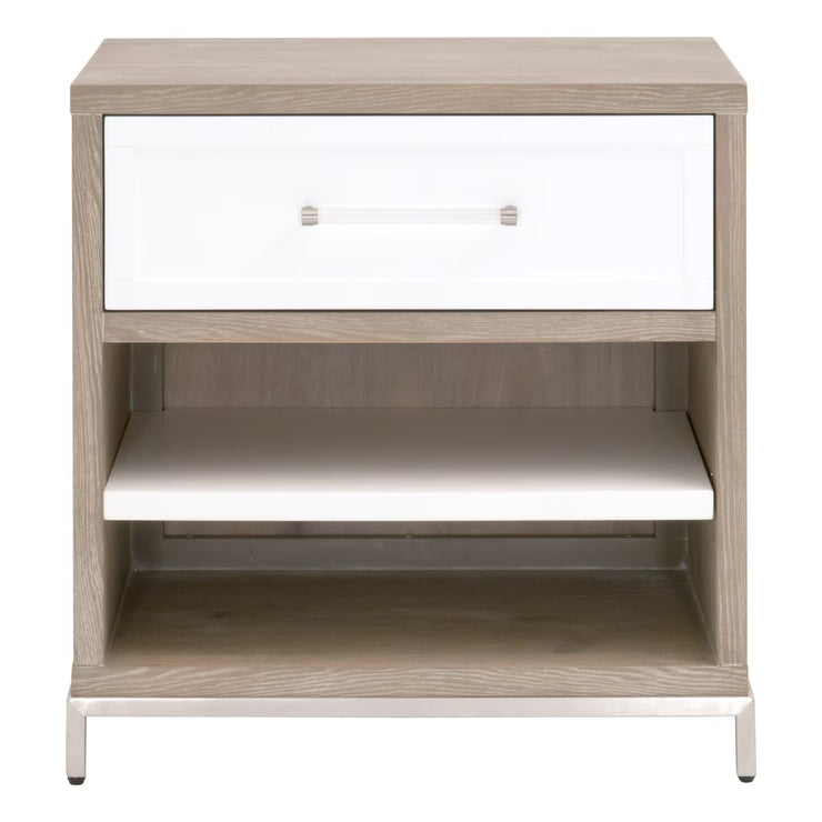 Essentials For Living Wrenn 1-Drawer Nightstand~ Natural Gray Acacia, Matte White And Brushed Stainless Steel Hardware