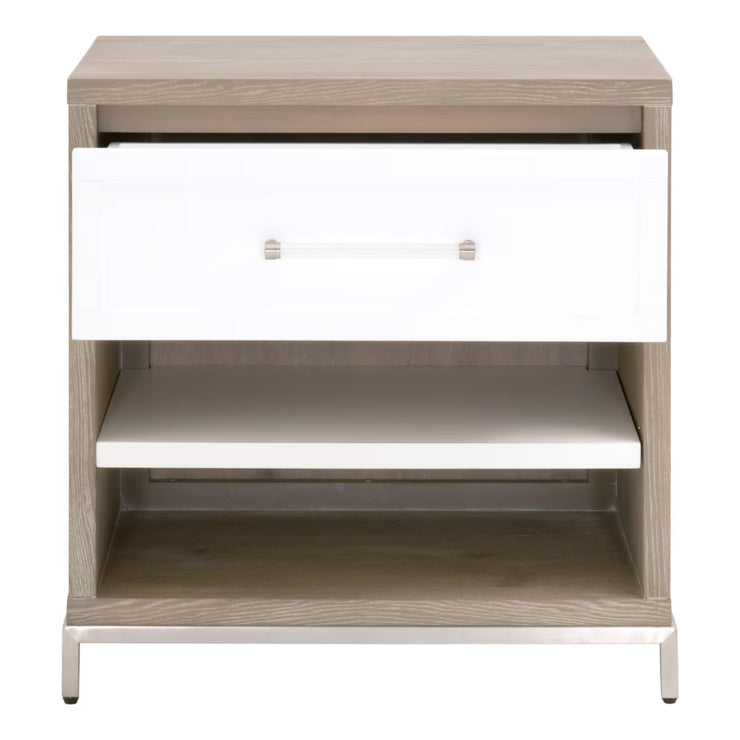 Essentials For Living Wrenn 1-Drawer Nightstand~ Natural Gray Acacia, Matte White And Brushed Stainless Steel Hardware