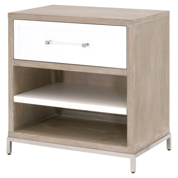 Essentials For Living Wrenn 1-Drawer Nightstand~ Natural Gray Acacia, Matte White And Brushed Stainless Steel Hardware