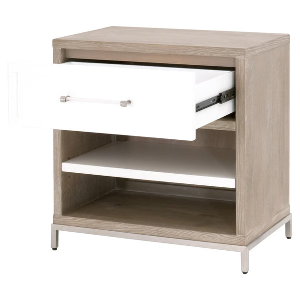 Essentials For Living Wrenn 1-Drawer Nightstand~ Natural Gray Acacia, Matte White And Brushed Stainless Steel Hardware