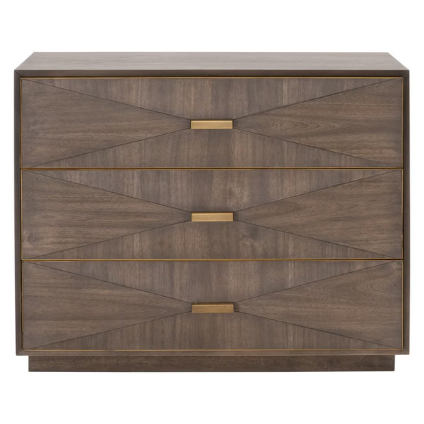 Essentials For Living Wynn 3-Drawer Nightstand ~ Burnished Brown Acacia Brushed Gold Hardware