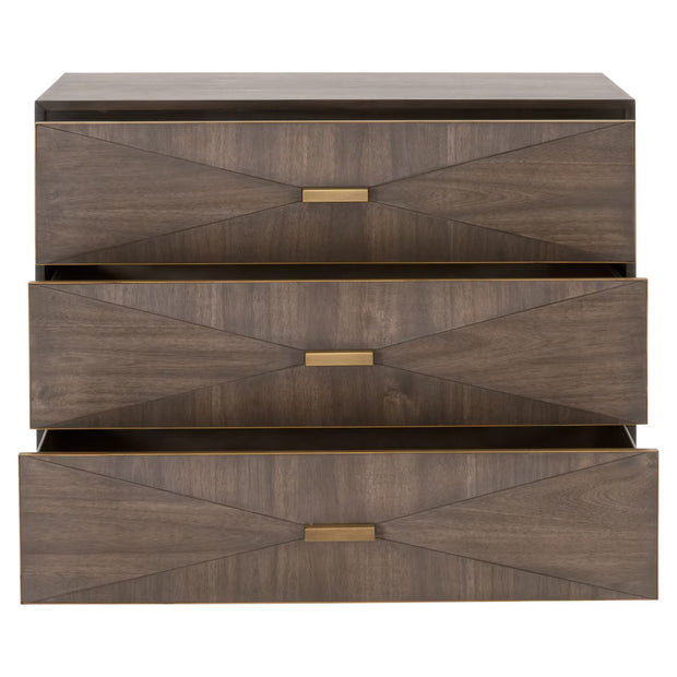 Essentials For Living Wynn 3-Drawer Nightstand ~ Burnished Brown Acacia Brushed Gold Hardware