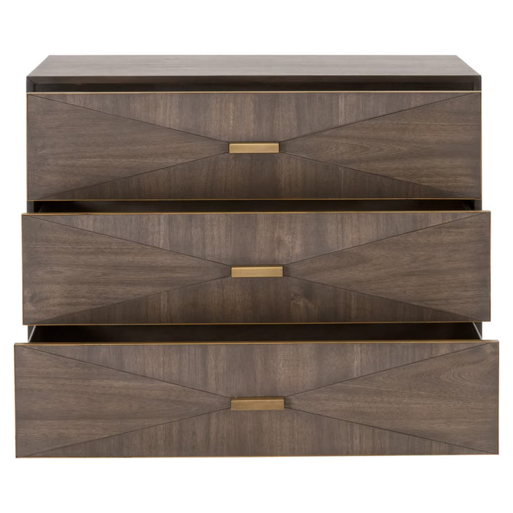 Essentials For Living Wynn 3-Drawer Nightstand ~ Burnished Brown Acacia Brushed Gold Hardware