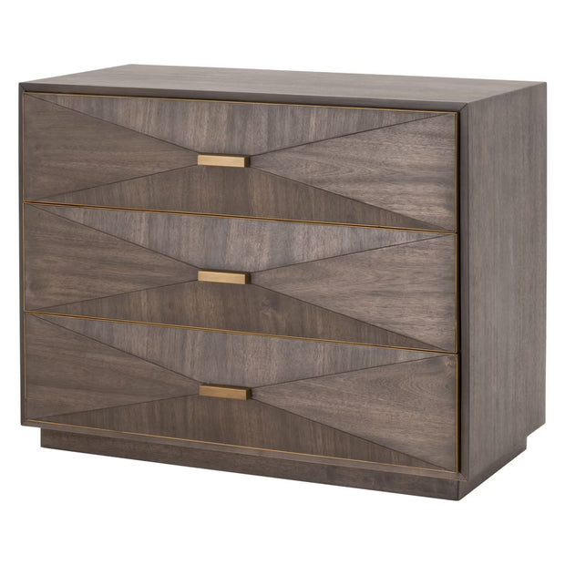 Essentials For Living Wynn 3-Drawer Nightstand ~ Burnished Brown Acacia Brushed Gold Hardware