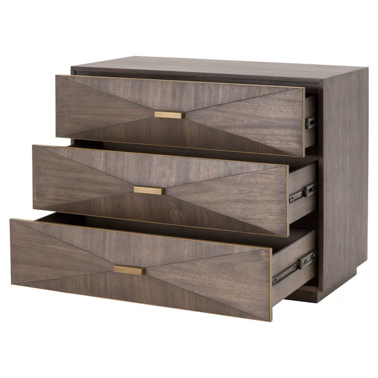 Essentials For Living Wynn 3-Drawer Nightstand ~ Burnished Brown Acacia Brushed Gold Hardware