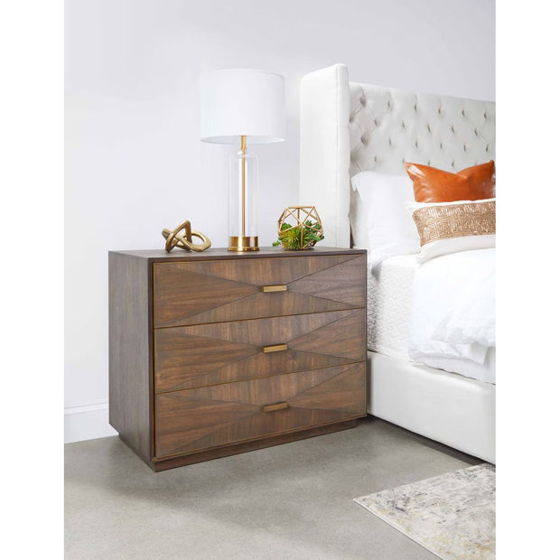 Essentials For Living Wynn 3-Drawer Nightstand ~ Burnished Brown Acacia Brushed Gold Hardware