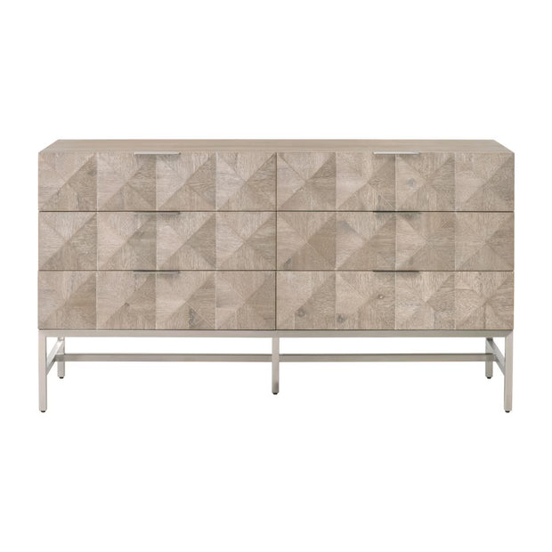 Essentials For Living Atlas 6-Drawer Double Dresser ~ Natural Gray Acacia Wood With  Brushed Stainless Steel Hardware