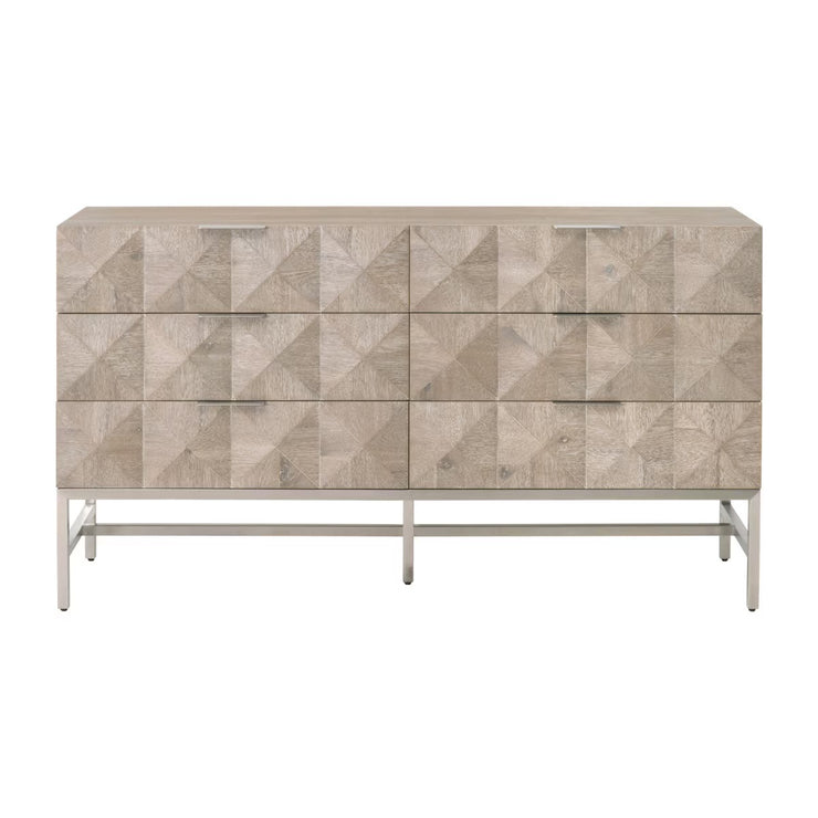 Essentials For Living Atlas 6-Drawer Double Dresser ~ Natural Gray Acacia Wood With  Brushed Stainless Steel Hardware