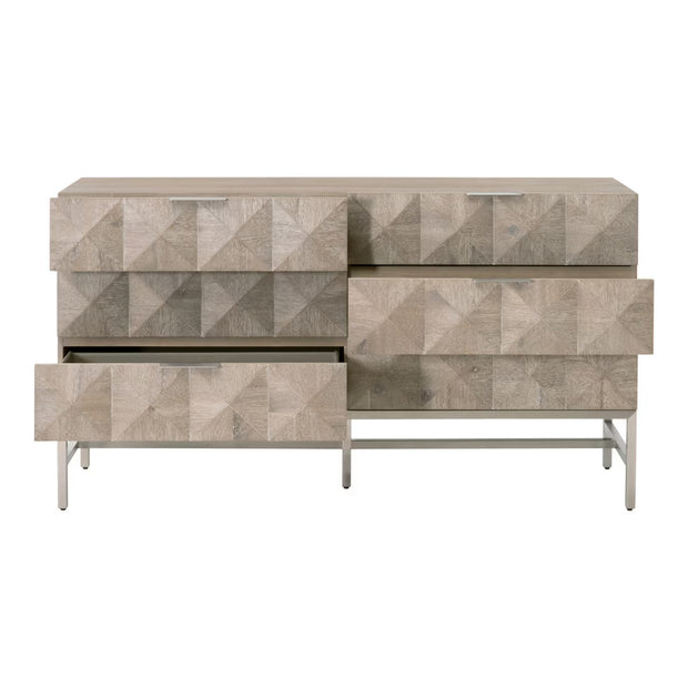 Essentials For Living Atlas 6-Drawer Double Dresser ~ Natural Gray Acacia Wood With  Brushed Stainless Steel Hardware