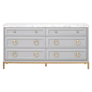 Essentials For Living Azure 6-Drawer Dresser ~ Dove Gray, White Carrera Marble With Brushed Gold Hardware