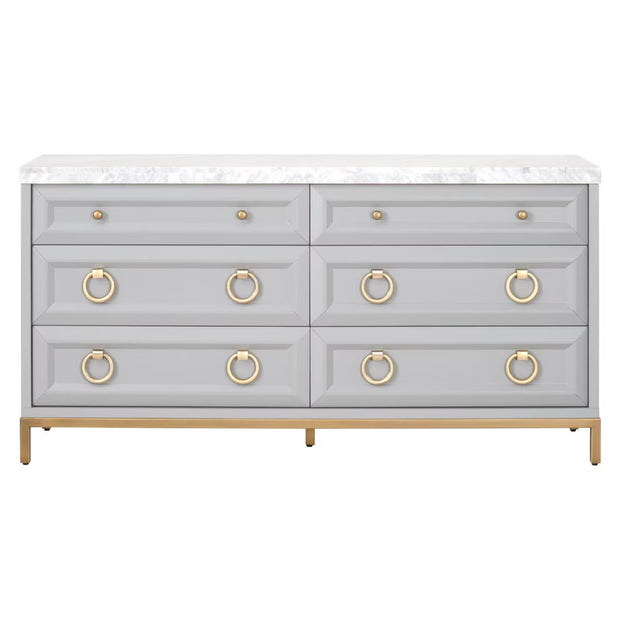 Essentials For Living Azure 6-Drawer Dresser ~ Dove Gray, White Carrera Marble With Brushed Gold Hardware