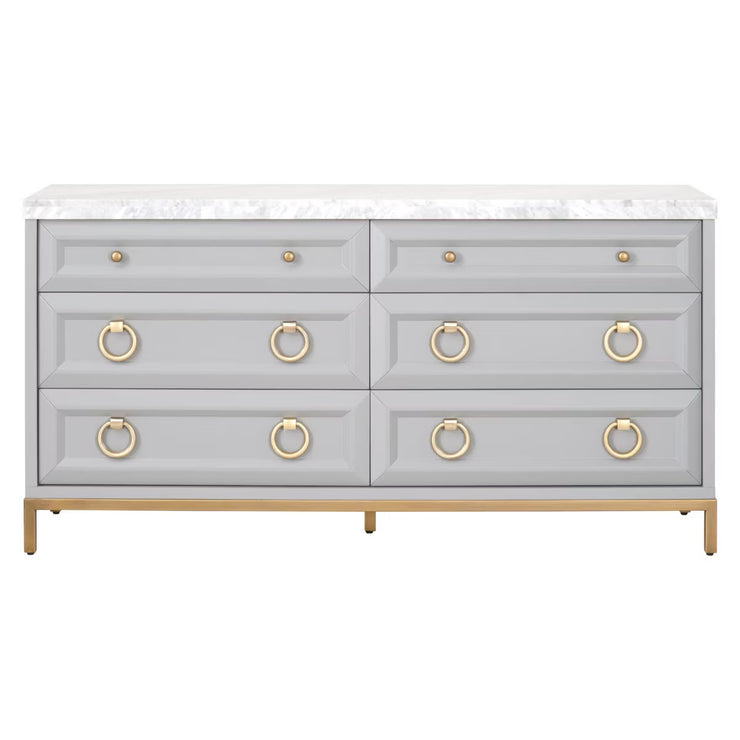 Essentials For Living Azure 6-Drawer Dresser ~ Dove Gray, White Carrera Marble With Brushed Gold Hardware