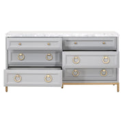 Essentials For Living Azure 6-Drawer Dresser ~ Dove Gray, White Carrera Marble With Brushed Gold Hardware