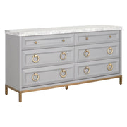 Essentials For Living Azure 6-Drawer Dresser ~ Dove Gray, White Carrera Marble With Brushed Gold Hardware