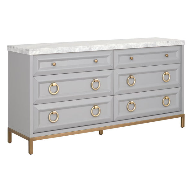 Essentials For Living Azure 6-Drawer Dresser ~ Dove Gray, White Carrera Marble With Brushed Gold Hardware