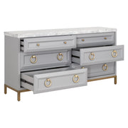 Essentials For Living Azure 6-Drawer Dresser ~ Dove Gray, White Carrera Marble With Brushed Gold Hardware